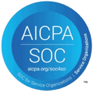 A blue circular badge with the text AICPA SOC in white, aicpa.org/soc4so below, and SOC for Service Organizations | Managed…