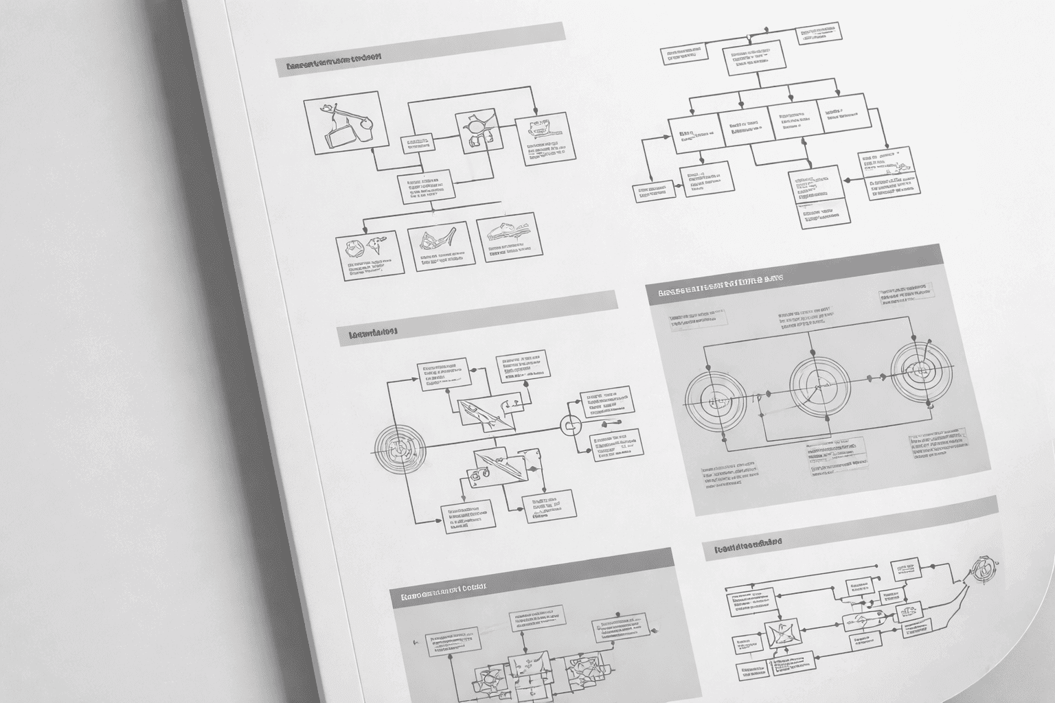 A sheet of paper displays six black-and-white flowcharts and diagrams, each organized in individual boxes with titles and…