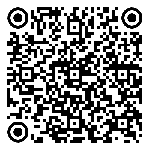 A black and white QR code on a white background with four large corner squares and a pattern of smaller black and white…