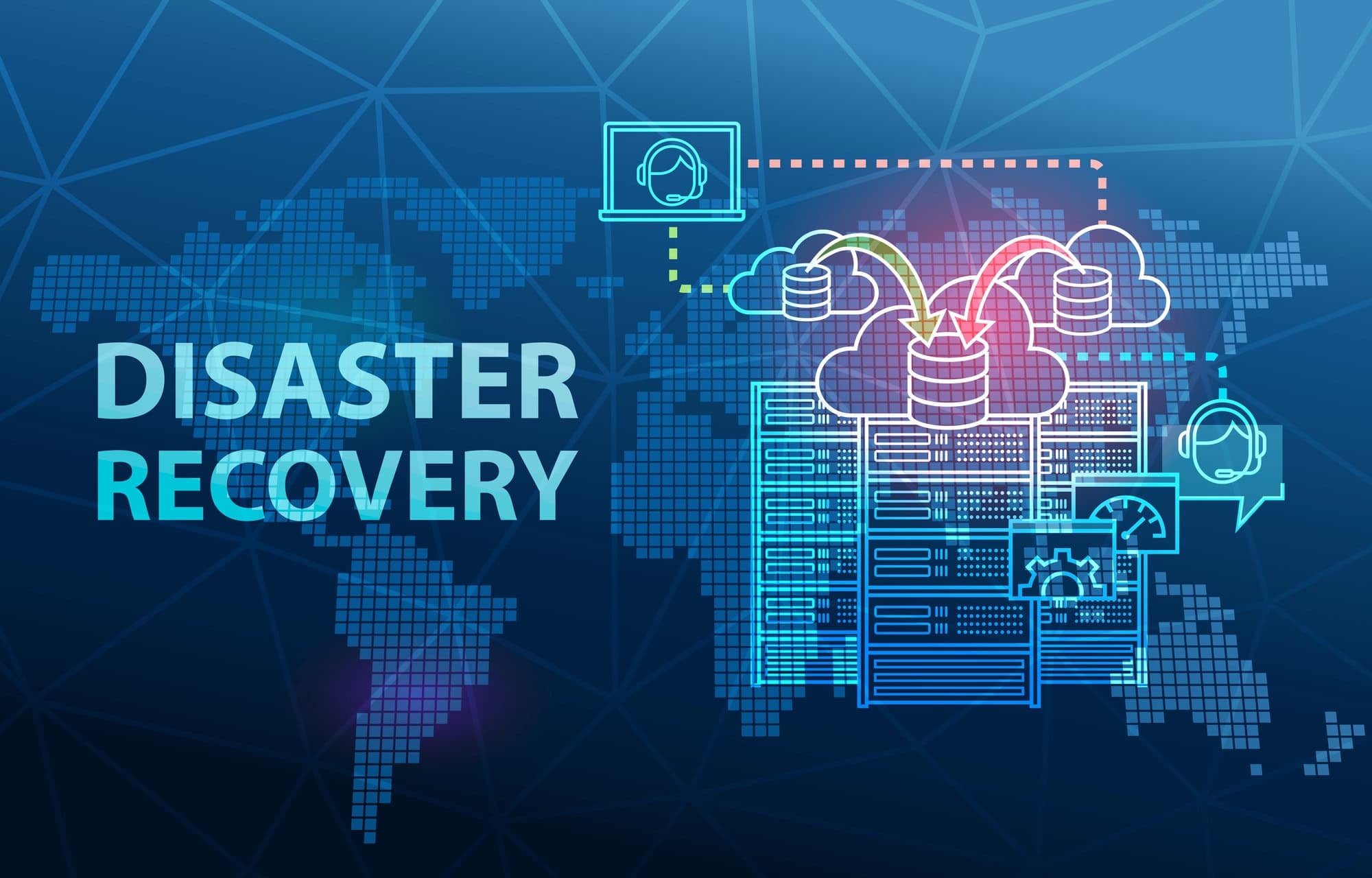 Illustration of servers connected to cloud storage with backup and recovery icons, overlaid on a digital world map…