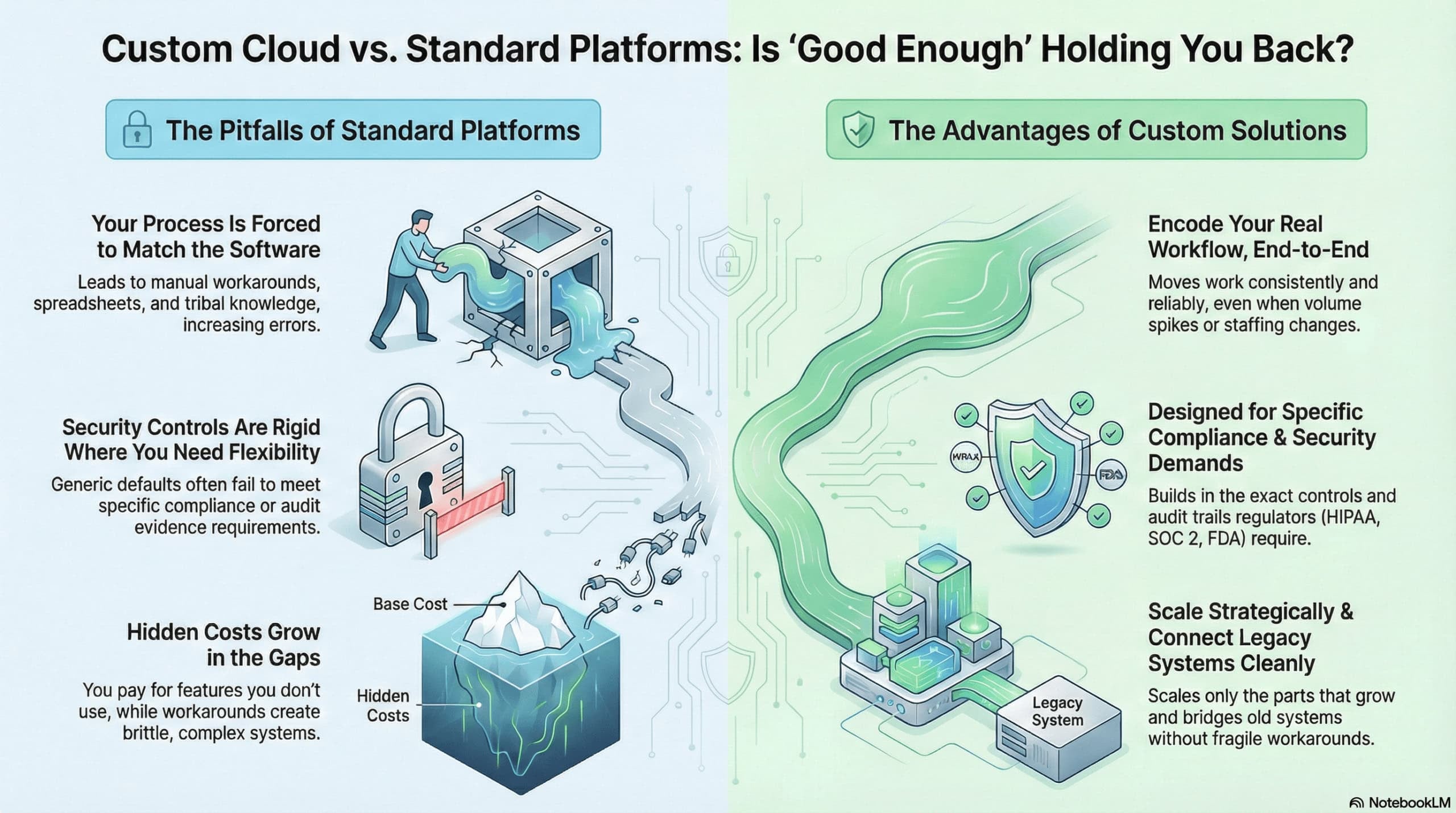 A split graphic compares pitfalls of standard IT platforms (left: rigid, hidden costs) with advantages of custom cloud…