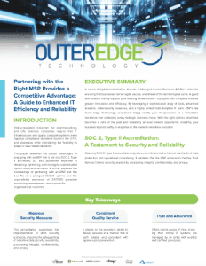 A technology brochure titled Outer Edge Technology highlights IT efficiency and reliability, SOC 2 accreditation, and key…